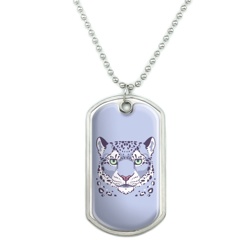 Spotted Snow Leopard Face Military Dog Tag Pendant Necklace with