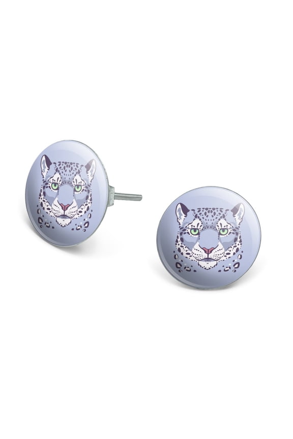 Spotted Snow Leopard Face Novelty Silver Plated Stud Earrings