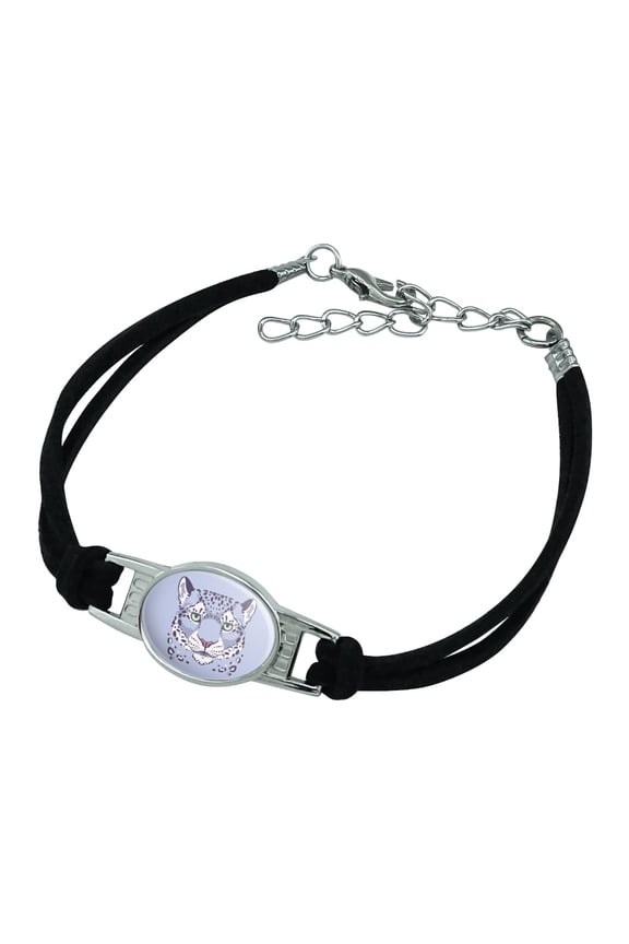Spotted Snow Leopard Face Novelty Suede Leather Metal Bracelet