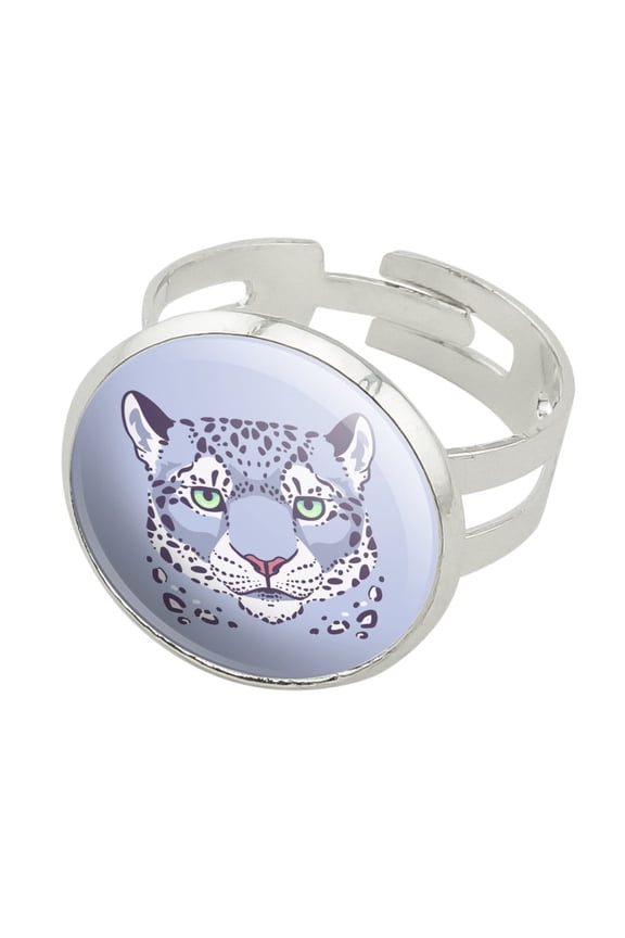 Spotted Snow Leopard Face Silver Plated Adjustable Novelty Ring