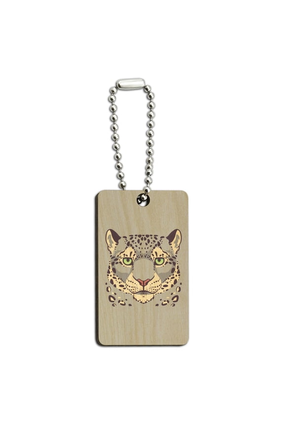 Spotted Snow Leopard Face Wood Wooden Rectangle Keychain Key Ring
