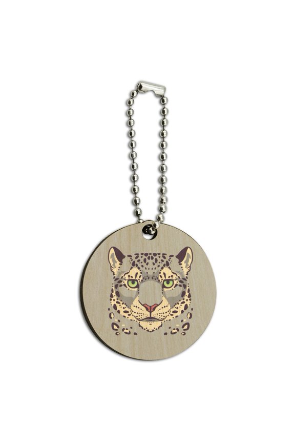 Spotted Snow Leopard Face Wood Wooden Round Keychain Key Chain Ring