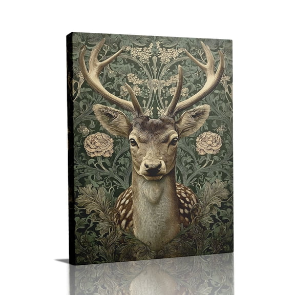 “Spotted Stag in William Morris-Style Floral Foliage (Elegant Tone)” Victorian Canvas Wall Art Ready to Hang for Living Room and Bedroom