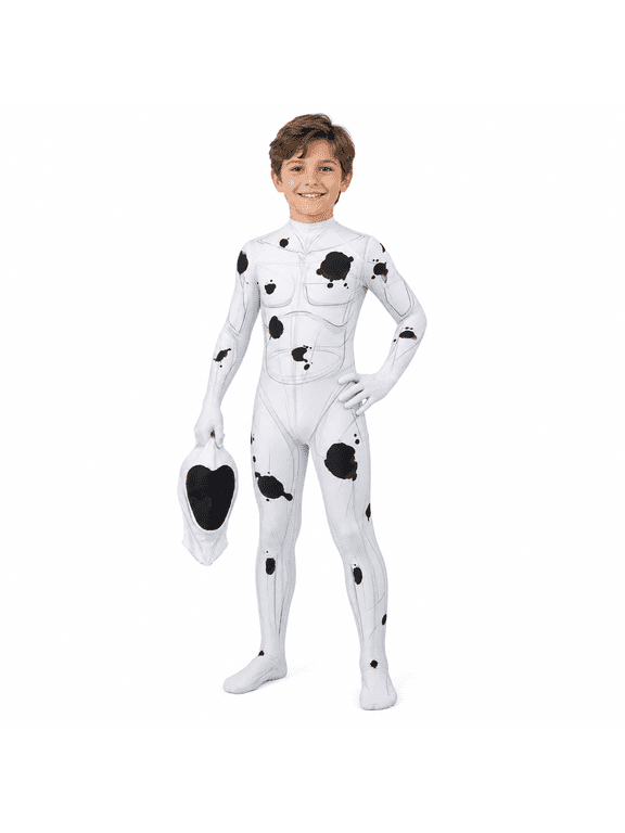 Spotted Villain Cosplay Bodysuit, White Full Body Zentai Suit with Black Spot Print, Comes with Mask Hood, Halloween Movie Character Costume, Party Dress Up and Role Play Outfit