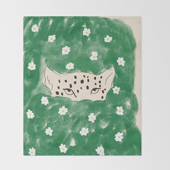 Withe Flowe Spotted Wild Cat Peeking Through Green Foliage and White Flowers Fleece ...