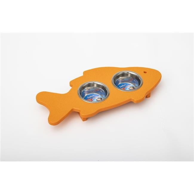 Spotts Dog Feeders  1.5 Pint 2.25 in. High Double Poly Wood Fish Shaped Cat Bowl with 2 Stainless Steel Bowls, Orange