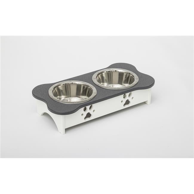 Spotts Dog Feeders  1 Pint 5.25 in. Tall High Double Poly Wood Dog Bowl with 2 Stainless Steel Bowls, Dark Gray Top & White Base