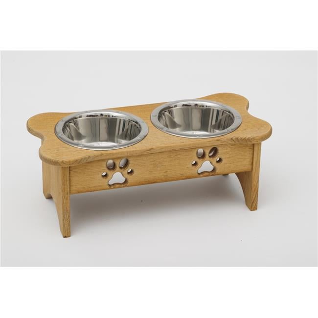 Spotts Dog Feeders 83TDPS 2 qt. 8.5 in. Medium High Double Pine Wood Dog Bowl with 2 Stainless Steel Bowls, Medium Walnut Finish