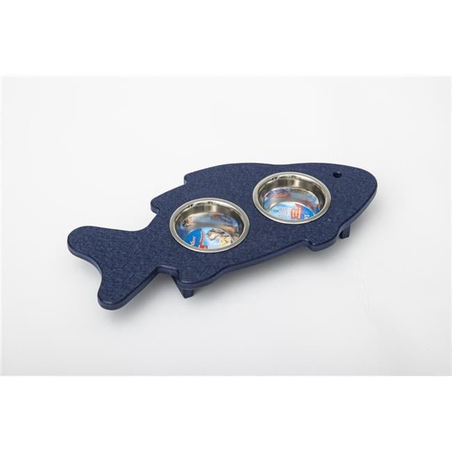 Spotts Dog Feeders 90FPTB 1.5 Pint 2.25 in. High Double Poly Wood Fish Shaped Cat Bowl with 2 Stainless Steel Bowls, Patriot Blue