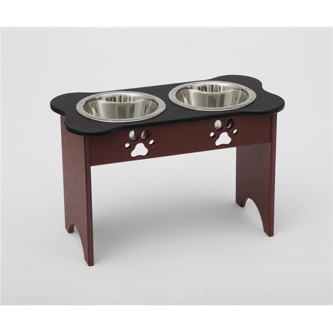 Spotts Dog Feeders 91TDPBLKCHW 2 qt. 15 in. Tall High Double Poly Wood Dog Bowl with 2 Stainless Steel Bowls, Black Top & Cherrywood Base