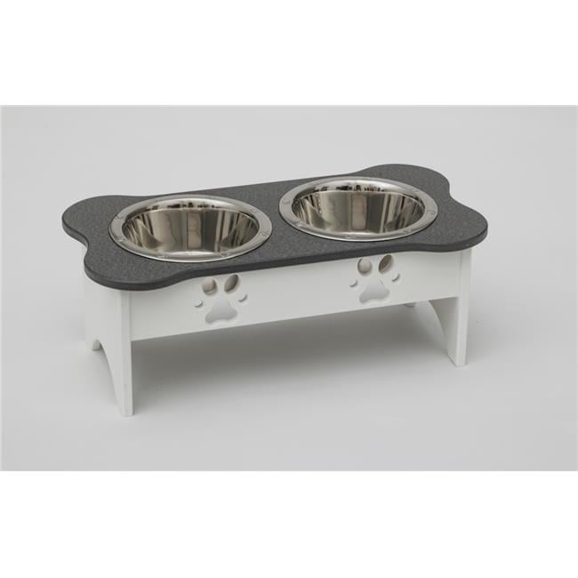 Spotts Dog Feeders 92MDPGRYWHT 2 qt. 8.5 in. Medium High Double Poly Wood Dog Bowl with 2 Stainless Steel Bowls, Dark Gray Top & White Base