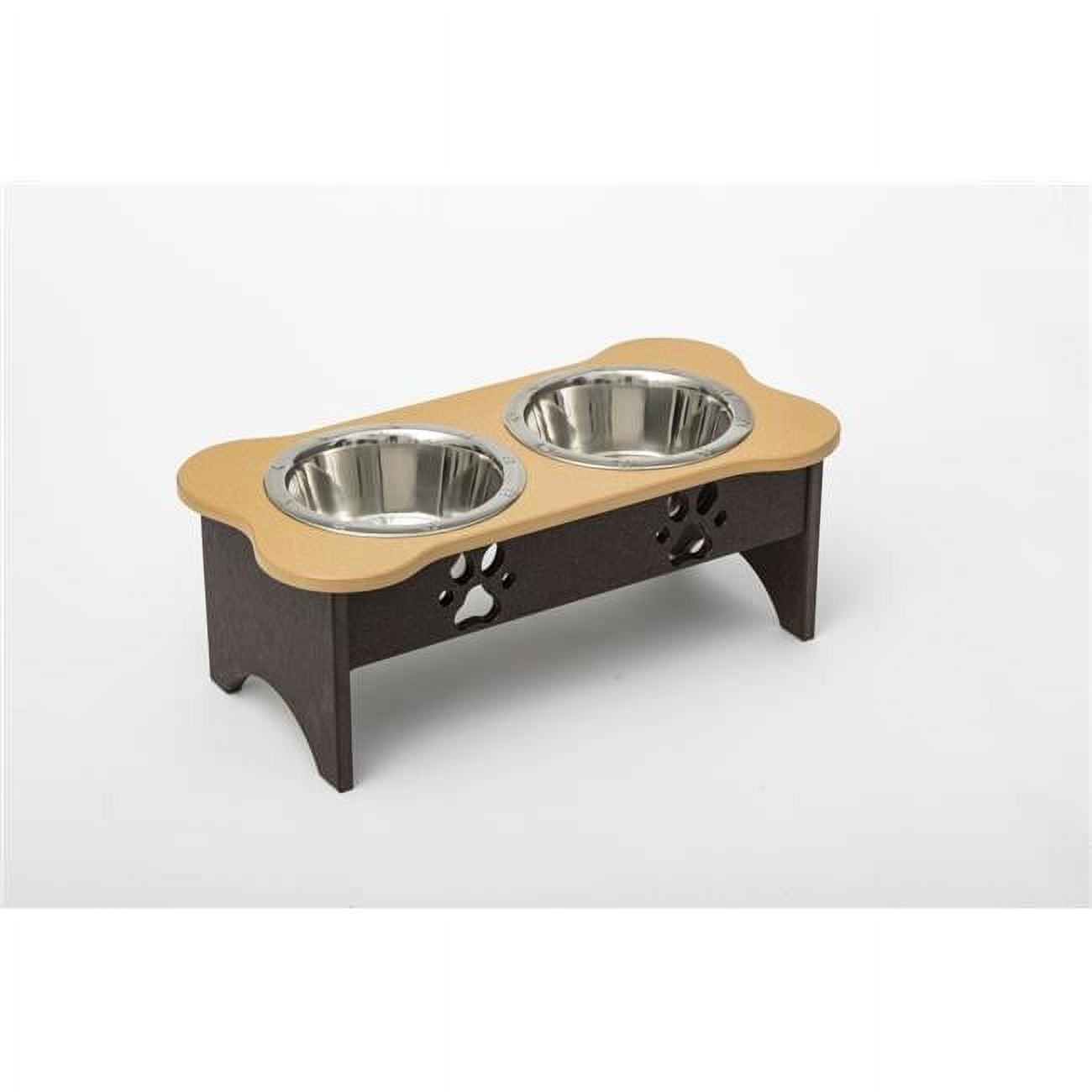 Spotts Dog Feeders 92MDPLTOBRN 2 qt. 8.5 in. Medium High Double Poly Wood Dog Bowl with 2 Stainless Steel Bowls, Light Oak Top & Milwaukee Brown Base