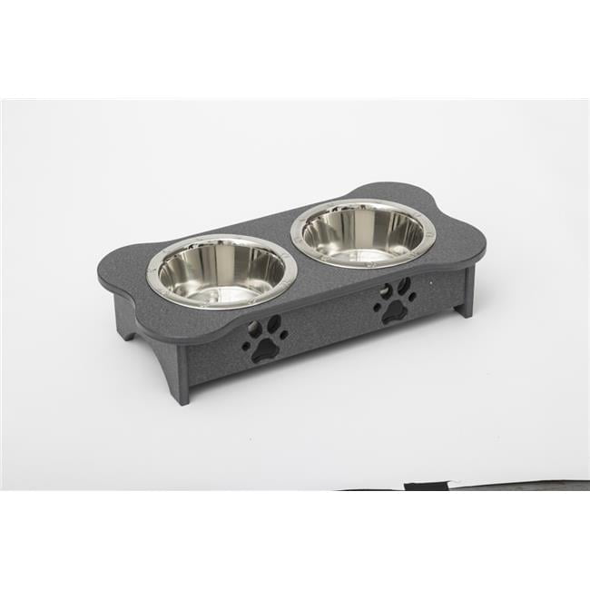 Spotts Dog Feeders 94TPDPGRY 1 Pint 5.25 in. Tall High Double Poly Wood Dog Bowl with 2 Stainless Steel Bowls, Dark Gray