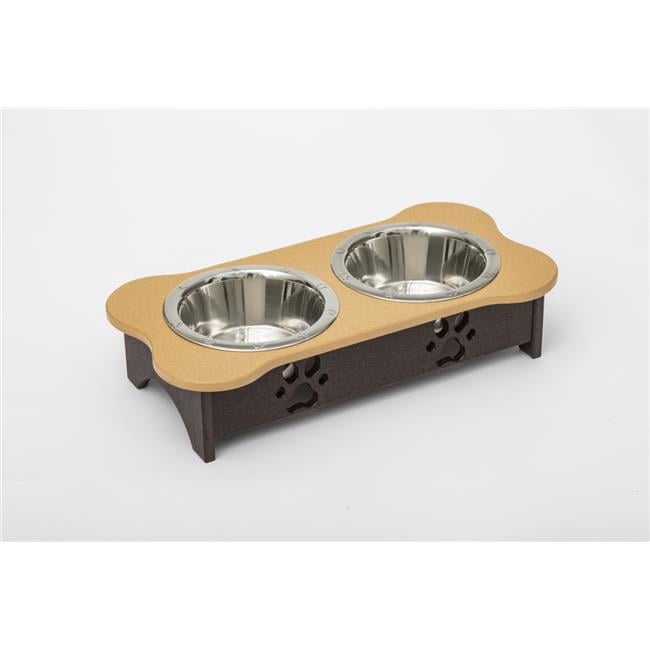 Spotts Dog Feeders 94TPDPLTOBRN 1 Pint 5.25 in. Tall High Double Poly Wood Dog Bowl with 2 Stainless Steel Bowls, Light Oak Top & Milwaukee Brown Base