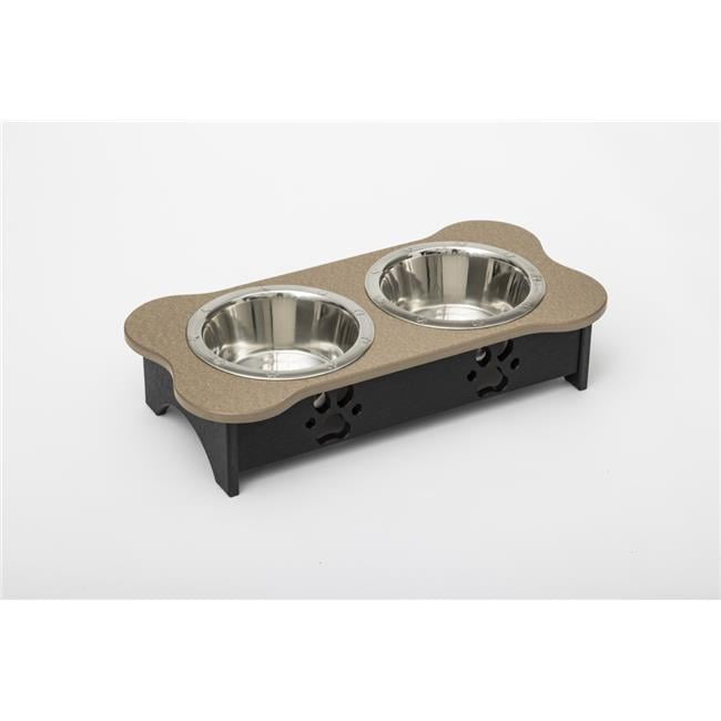 Spotts Dog Feeders 94TPDPWWBLK 1 Pint 5.25 in. Tall High Double Poly Wood Dog Bowl with 2 Stainless Steel Bowls, Weathered Wood Top & Black Base