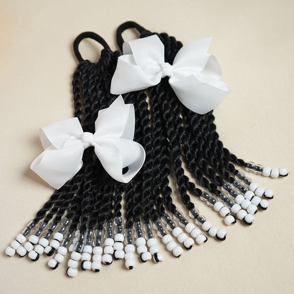2pcs STHair Kids Ponytail Extension, Band Synthetic Hair Extension with Bows, Pre-Twist Braids of Beads,  Hair Accessories for Daily Party Birthday,  Gifts for Girls Children Teen