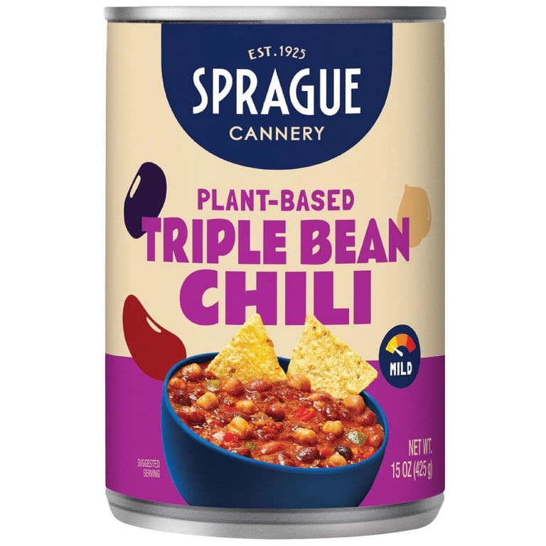 Sprague Foods' - Triple Bean Chili in an Easy Open 15oz Can. Vegan