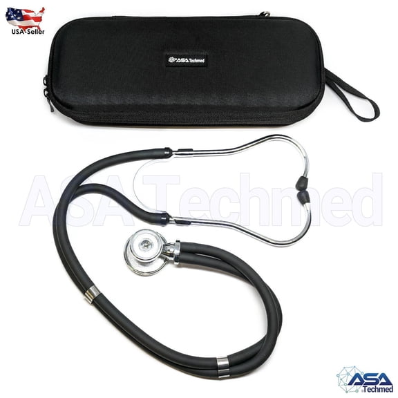 ASA TECHMED Sprague Rappaport Dual Head Stethoscope + Lightweight Storage Case, 22" Adult Diagnostic Kit, Black, 1‑Pack
