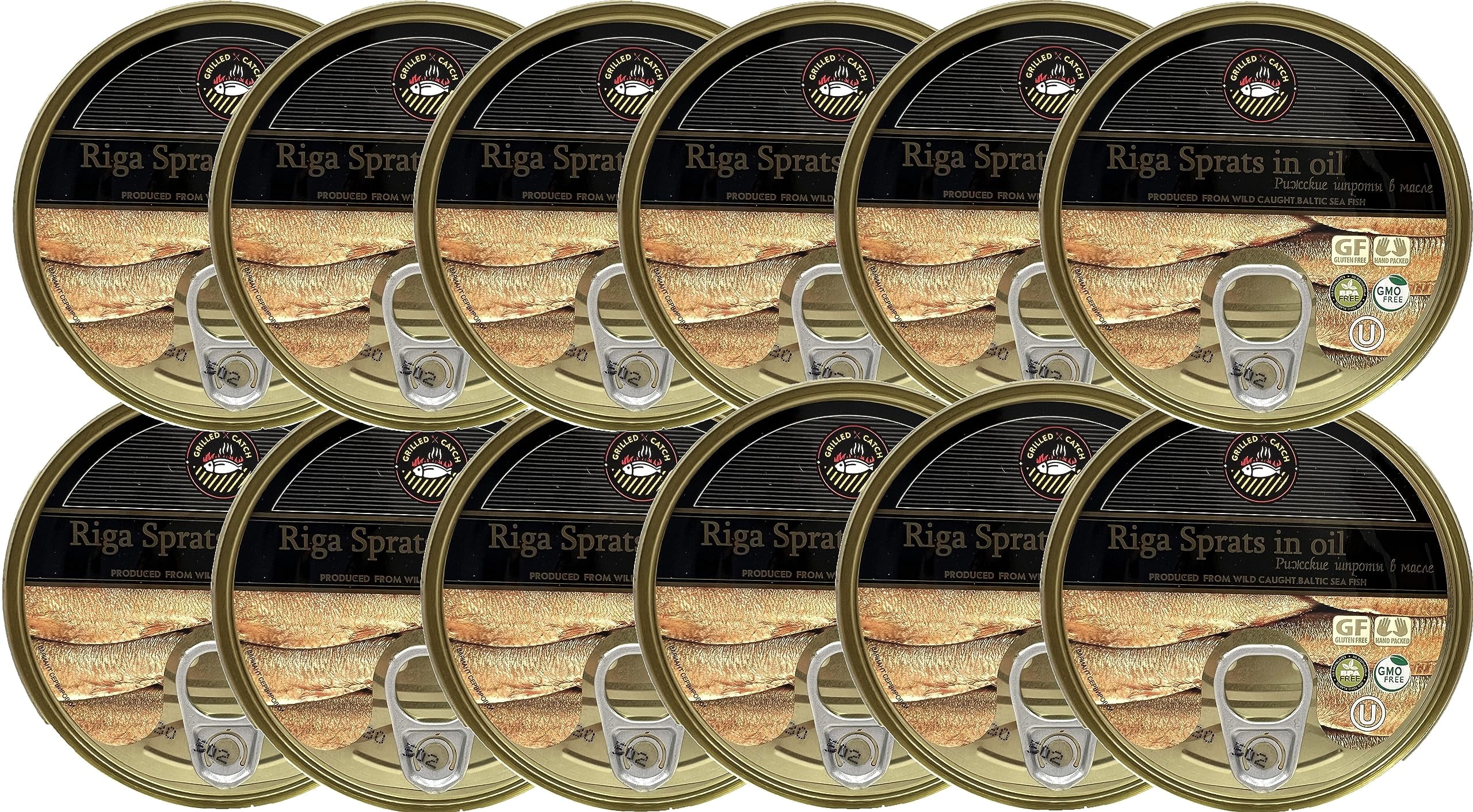Sprats Riga AF08 Smoked (12 Pack) Gold Star 5.6 Oz Tins in vegetable Oil Latvia
