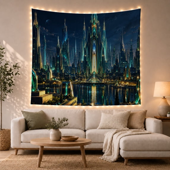 Sprawling Futuristic Cityscape With At Night Dominated by, Mystical Fantasy for Space Lovers, Galaxy Room Decor, Housewarming Gift, Tapestry Wall Hanging for Bedroom and Dorm