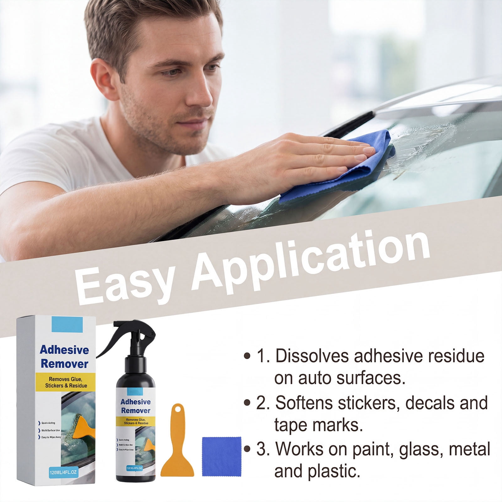 applying adhesive remover to glass surface with spray bottle and cloth