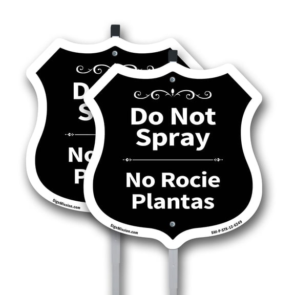 Do Not Spray Bilingual English / Spanish (2 Pack) 12 inch X 12 inch Shield Shaped Rust-Free Aluminum Metal Signs with Aluminum Mounting Stakes Weather Resistant Made in the USA