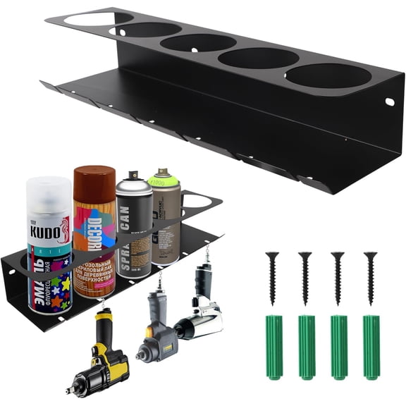 Spray Bottle Holder Wall-Mounted, Heavy-Duty Steel Spray Can Storage Rack, Garage Organizer for Car Detailing Supplies & Small Tools, 5 Cans & 6 Slot