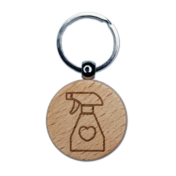 Spray Bottle with Heart Round Keychain Charm Tag - Engraved Wood