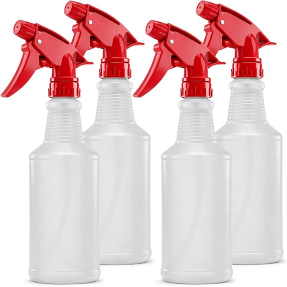 Spray Bottles, 16 Oz, 4 Pack, Chemical-Resistant HDPE, BPA-Free, Non-Toxic, Red Trigger Sprayers, Refillable Empty Sprayer Bottle for Cleaning Solutions, Vinegar, Alcohol, Made in USA