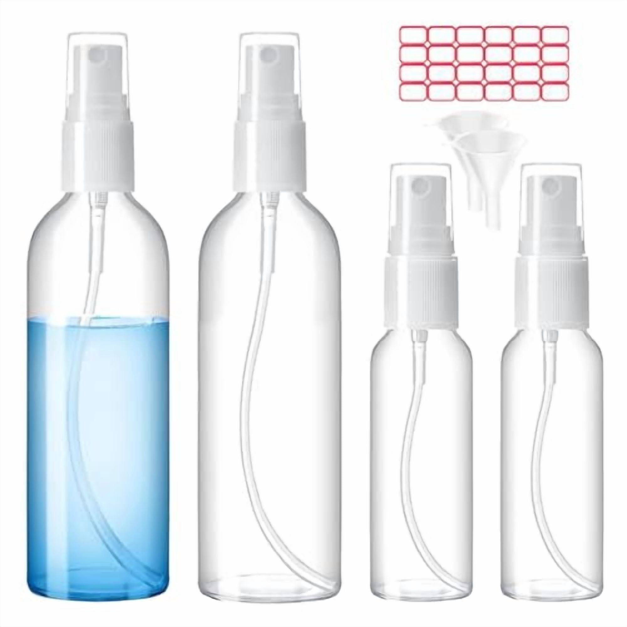 Spray Bottles, 2oz/50ml, 3.4oz/100ml Clear Empty Fine Mist Plastic Mini Travel Bottle Set, Small Refillable Liquid Containers with 2pcs Funnels and 24pcs Labels (4 Pack)
