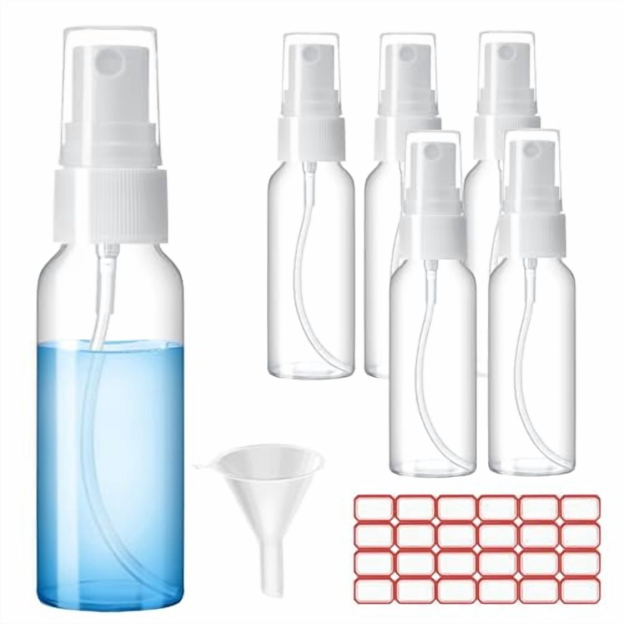 Spray Bottles, 4oz/120ml Clear Empty Fine Mist Plastic Mini Travel Bottle Set, Small Refillable Liquid Containers with 2pcs Funnels and 24pcs Labels (6 Pack)