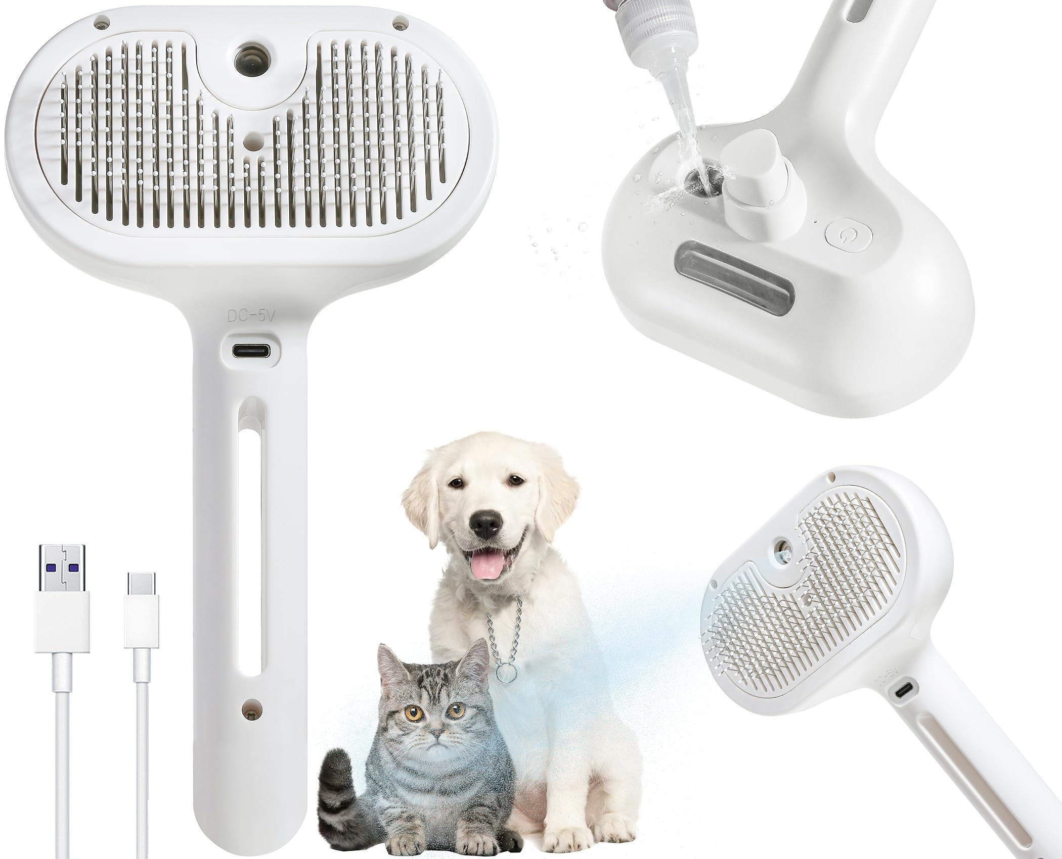 Haustier-Sprühbürste Mit Wassertank – 2-in-1 Katzenbürste, Mit Entriegelungsknopf, Weiß, Für Hunde & Katzen