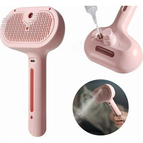 Spray Cat Brush for Shedding - Water Brush for Cats and Dogs - Pet Hair Removal Comb with Water Tank and Release Button - Pink