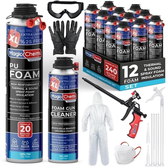 Spray Foam Insulation Kit (12 Pack-25.4 oz) Expanding Foam Sealant for Thermal & Acoustic InsulationFoam, Closed Cell, High Density SprayFoam, Covers up to 240 Board feet/sq. ft. Cleaner, Gun