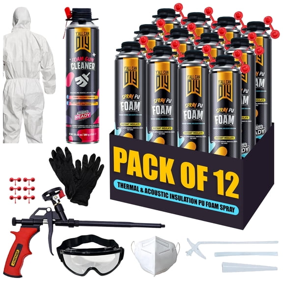 Y'allCanDiy Spray Foam Insulation Kit 12 Pack (32.8 oz Each) Closed Cell Expanding Foam with Gun & Cleaner
