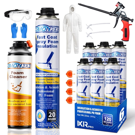 Spray Foam Insulation Kit 120 Board ft/Sq.ft, Closed Cell Wide Polyurethane DIY Spray Foam for Walls, Ceilings, Attics and Garage Doors -Thermal & Soundproofing, Included Gun & Cleaner 6 Pack