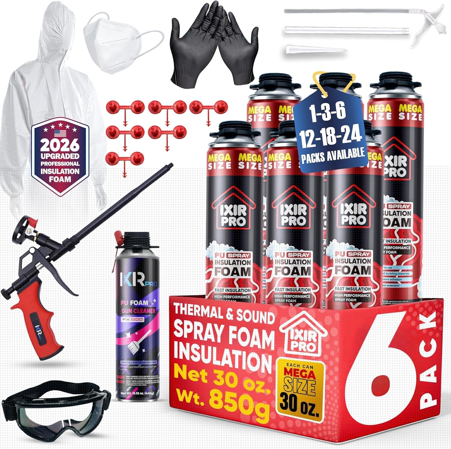 Spray Foam Insulation Kit (6 PK Kit-30oz) Expanding Sealant, Spray Foam, Mega Size Closed Cell Heat Acoustic Insulation