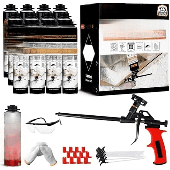 Spray Foam Insulation Kit - Closed Cell Insulation Spray Foam 25.4 oz. Wall & Attic Acoustic Expanding Sealant, Covers Up to 240 Board Feet, Gun & Cleaner Included, 12 Pack$$Tools & Hardware Other