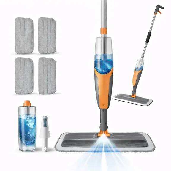 Spray Mop for Multi-Surface Heavy-Duty Cleaning with 4 Washable Microfiber Pads,Refillable Bottle,Functional Scraper,360 ° Rotating Head,One-Handed Operation,Wet/Dry Use,Rust-proof Aluminum Pole