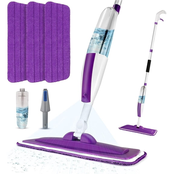 Spray Mops for Floor Cleaning Mop with a Refillable Bottle and 3 Washable Microfiber Pads Home or Commercial Use Dry Wet Flat Hardwood Laminate Wood (Pure Purple)