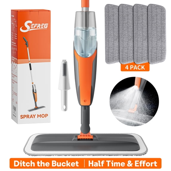 SEFREG Spray Mop for Multi-Surface Heavy-Duty Cleaning with 4 Washable Microfiber Pads,Refillable Bottle,Functional Scraper,360°Rotating Head,One-Handed Operation,Wet/Dry Use,Rust-proof Aluminum Pole