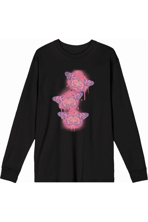 Spray Paint Butterfly Adult Black Crew Neck Long Sleeve Tee-Medium