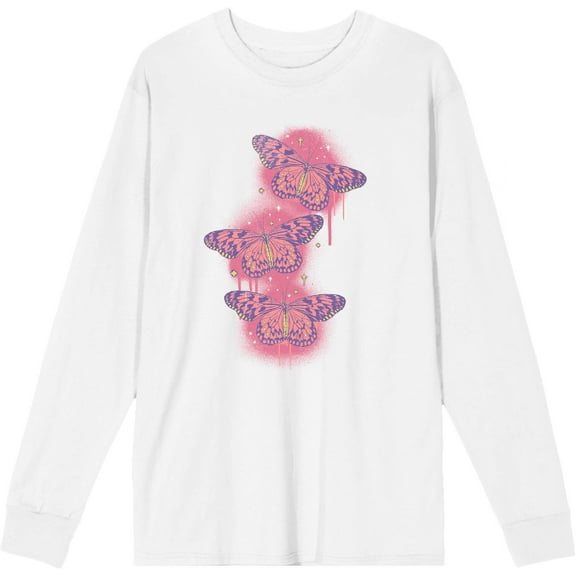 Spray Paint Butterfly Adult White Crew Neck Long Sleeve Tee-XXL