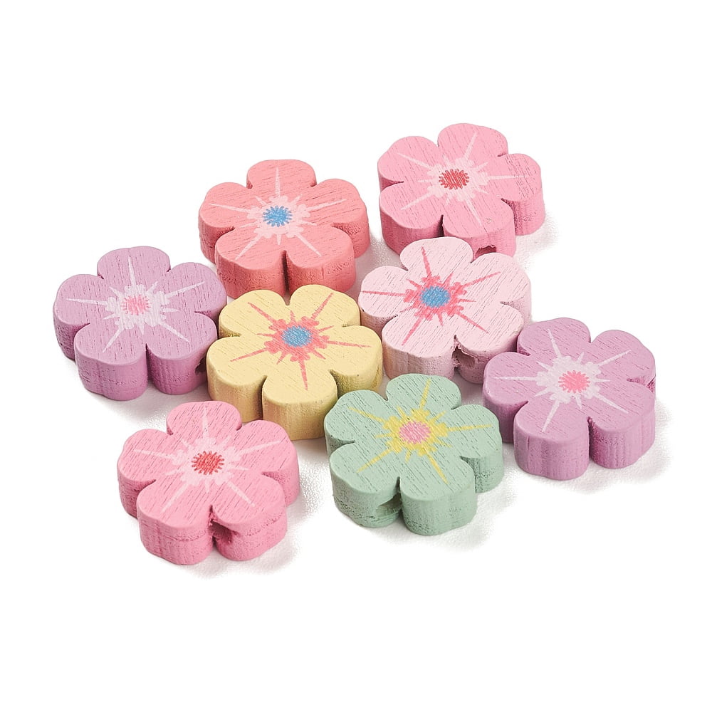 Spray Painted Natural Maple Wood Beads Flower Mixed Color 16x16.5x5mm Hole: 2mm 1111pcs/500g