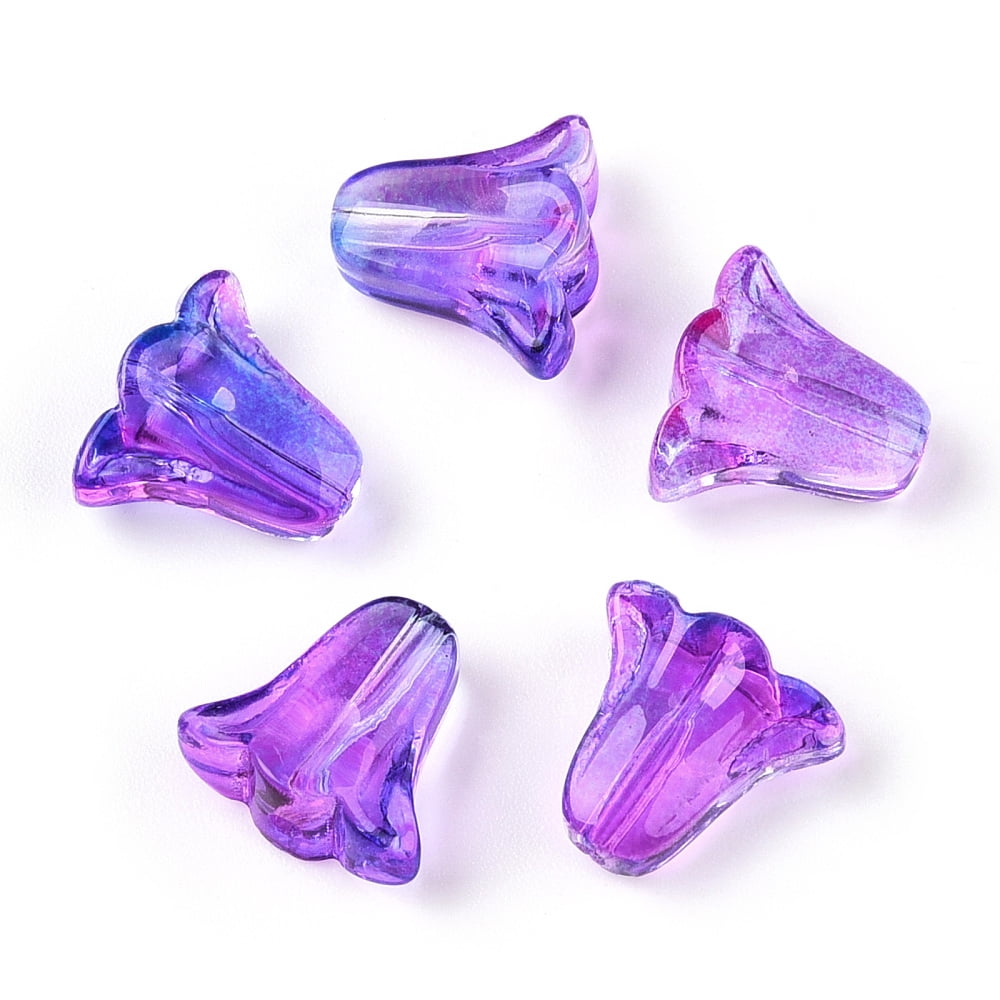 Spray Painted Transparent Glass Beads Tulip Flower Blue Violet 10x11x5.5mm Hole: 1mm