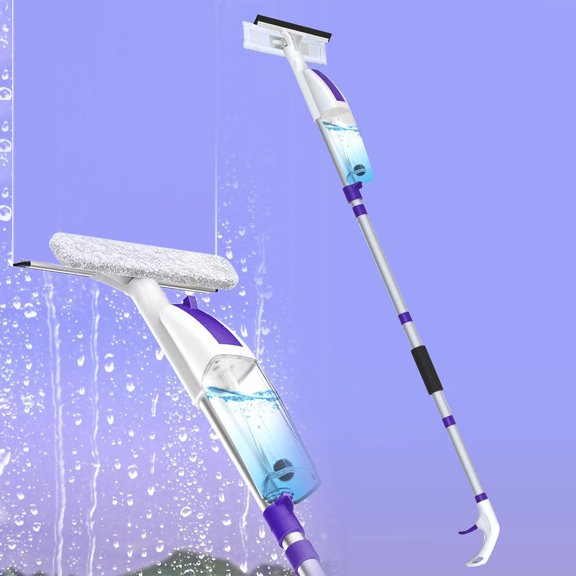Spray Window Squeegee with 60" Extension Pole, Window Cleaning Squeegee Kit- 2-In-1 Squeegee Scrubber, 3 Microfiber Cleaning Pad&400ML Refill Bottle, Multi-Use Squeegee for Home Shower Car Windshield