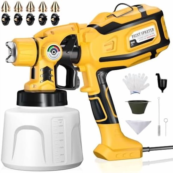 Paint Sprayer, 1200W HVLP Spray Paint Gun with 5 Nozzles & 3 Spray Patterns, Adjustable Flow Control, 1400ml Container & Cleaning Tools, for House Painting, Fences, Cabinets, Walls etc.
