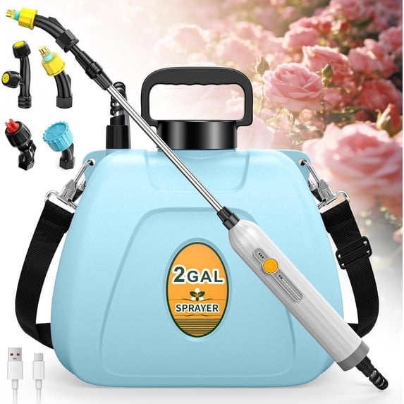 Sprayer, 2 Gallon Electric Sprayer Operated with 4 Mist Nozzles, 2 Speeds, , 41" Telescopic Wand, Rechargeable Handle, Weed Sprayer for Lawn Garden Yard