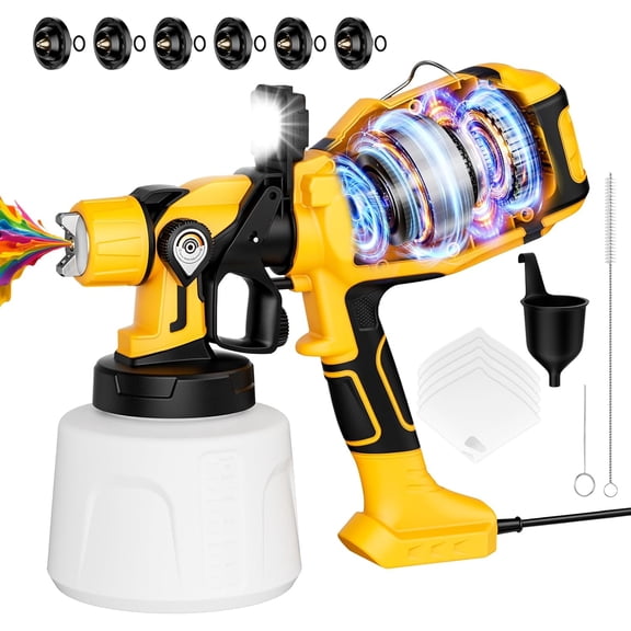 Sprayer for House Painting, Sprayer with 1000W Copper , 1400ml (47oz) Container, 6 Brass Nozzles & Light, Easy to Clean for House, Fence, Furniture, DIY, Garden, Walls