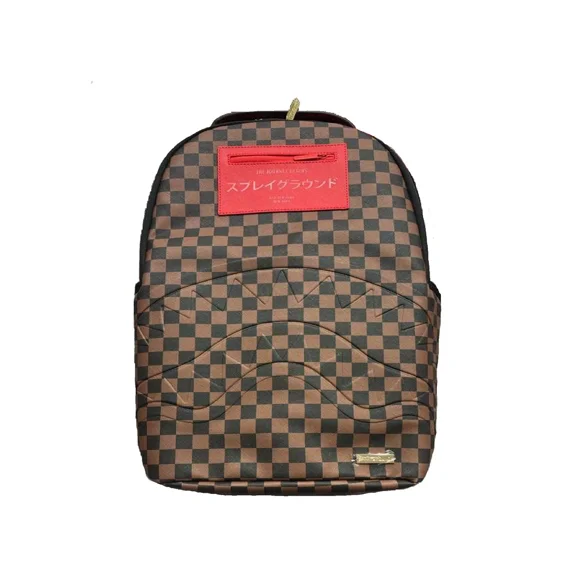 Sprayground The Journey Begins Brown Checkered Shark Backpack Red Patch SPR222